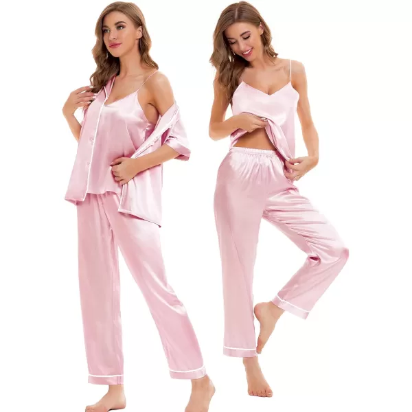 SWOMOG Womens 4pcs Pajamas Sets Silk Satin Sleepwear Sexy Cami with Button Down Short Sleeve Shirt Pjs LoungewearAstyle1 Pink