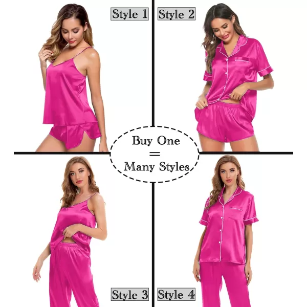 SWOMOG Womens 4pcs Pajamas Sets Silk Satin Sleepwear Sexy Cami with Button Down Short Sleeve Shirt Pjs LoungewearAstyle2 Rosered