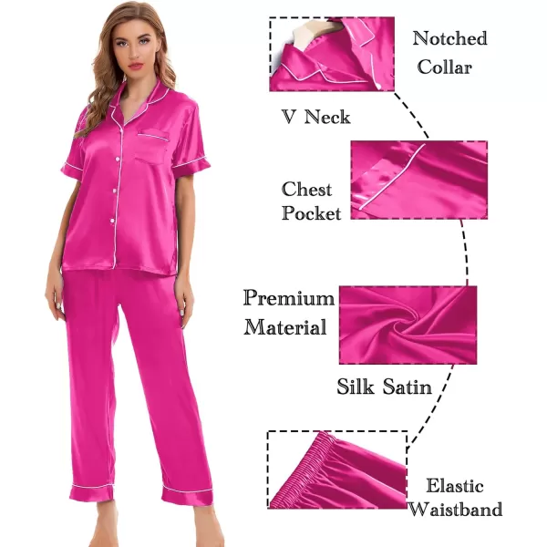 SWOMOG Womens 4pcs Pajamas Sets Silk Satin Sleepwear Sexy Cami with Button Down Short Sleeve Shirt Pjs LoungewearAstyle2 Rosered