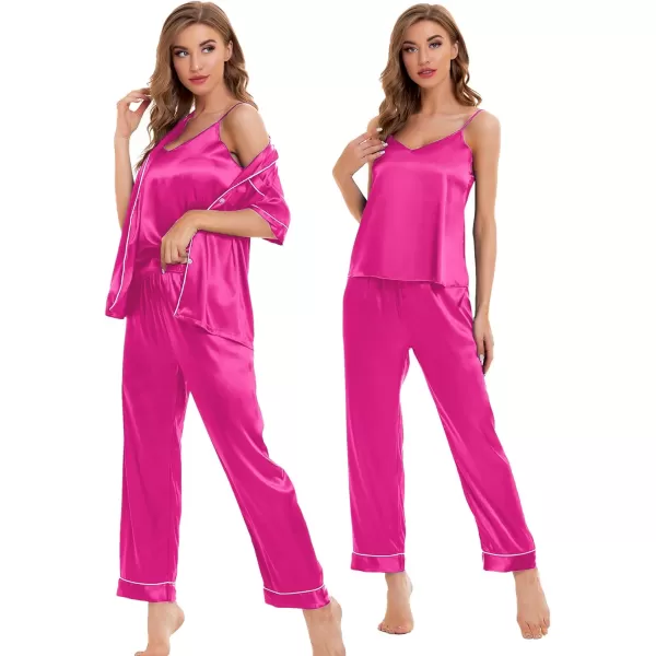 SWOMOG Womens 4pcs Pajamas Sets Silk Satin Sleepwear Sexy Cami with Button Down Short Sleeve Shirt Pjs LoungewearAstyle2 Rosered