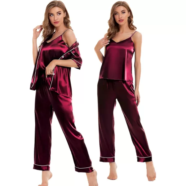 SWOMOG Womens 4pcs Pajamas Sets Silk Satin Sleepwear Sexy Cami with Button Down Short Sleeve Shirt Pjs LoungewearAwine Red