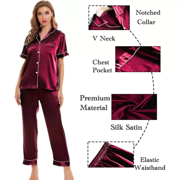 SWOMOG Womens 4pcs Pajamas Sets Silk Satin Sleepwear Sexy Cami with Button Down Short Sleeve Shirt Pjs LoungewearAwine Red