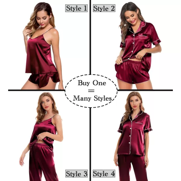 SWOMOG Womens 4pcs Pajamas Sets Silk Satin Sleepwear Sexy Cami with Button Down Short Sleeve Shirt Pjs LoungewearAwine Red