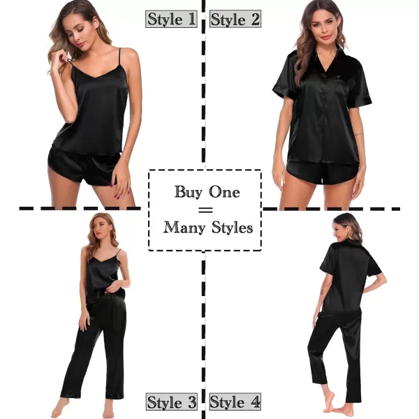 SWOMOG Womens 4pcs Pajamas Sets Silk Satin Sleepwear Sexy Cami with Button Down Short Sleeve Shirt Pjs LoungewearZsolid Color Black