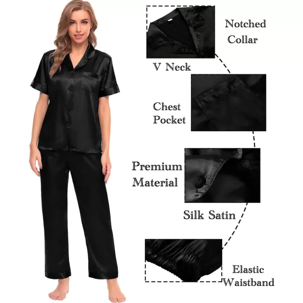 SWOMOG Womens 4pcs Pajamas Sets Silk Satin Sleepwear Sexy Cami with Button Down Short Sleeve Shirt Pjs LoungewearZsolid Color Black