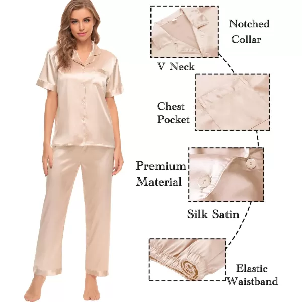 SWOMOG Womens 4pcs Pajamas Sets Silk Satin Sleepwear Sexy Cami with Button Down Short Sleeve Shirt Pjs LoungewearZsolid Color Champagne