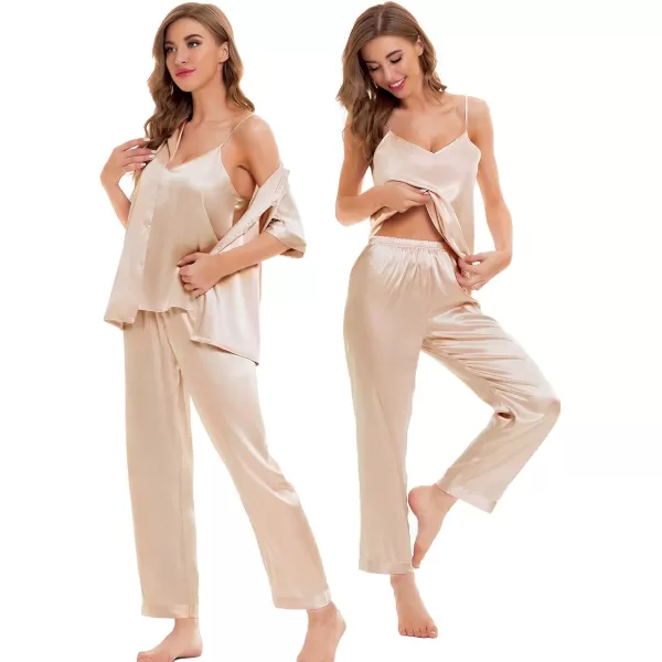 SWOMOG Womens 4pcs Pajamas Sets Silk Satin Sleepwear Sexy Cami with Button Down Short Sleeve Shirt Pjs LoungewearZsolid Color Champagne