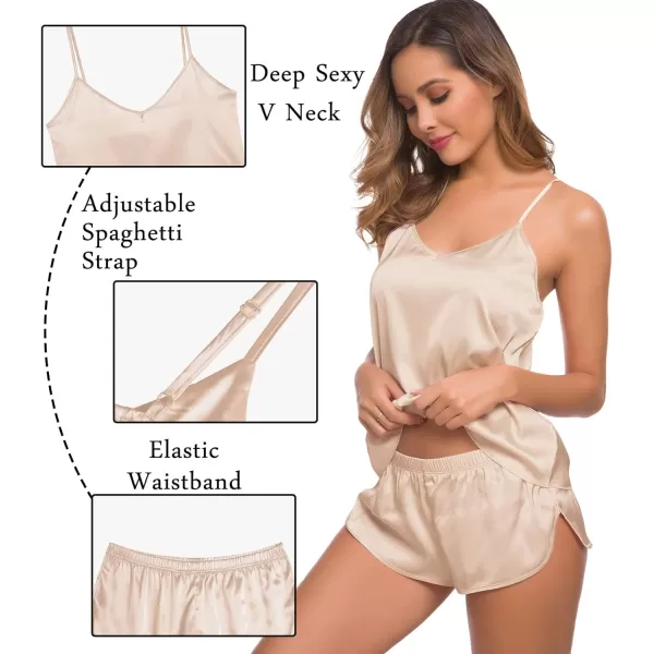 SWOMOG Womens 4pcs Pajamas Sets Silk Satin Sleepwear Sexy Cami with Button Down Short Sleeve Shirt Pjs LoungewearZsolid Color Champagne