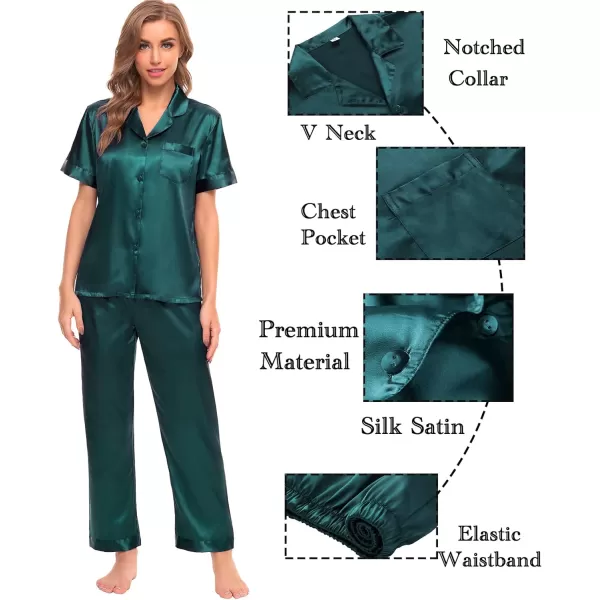 SWOMOG Womens 4pcs Pajamas Sets Silk Satin Sleepwear Sexy Cami with Button Down Short Sleeve Shirt Pjs LoungewearZsolid Color Deepgreen