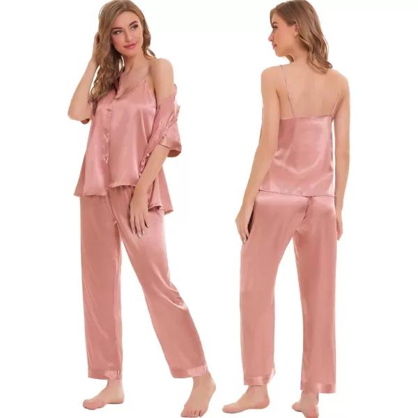 SWOMOG Womens 4pcs Pajamas Sets Silk Satin Sleepwear Sexy Cami with Button Down Short Sleeve Shirt Pjs LoungewearZsolid Color Goldpink