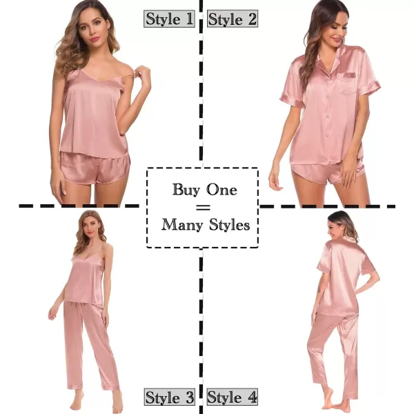 SWOMOG Womens 4pcs Pajamas Sets Silk Satin Sleepwear Sexy Cami with Button Down Short Sleeve Shirt Pjs LoungewearZsolid Color Goldpink
