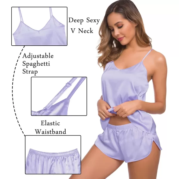 SWOMOG Womens 4pcs Pajamas Sets Silk Satin Sleepwear Sexy Cami with Button Down Short Sleeve Shirt Pjs LoungewearZsolid Color Lavender