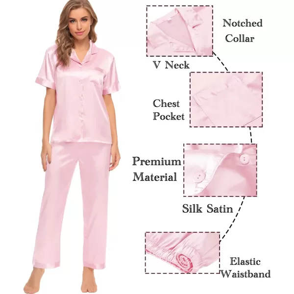 SWOMOG Womens 4pcs Pajamas Sets Silk Satin Sleepwear Sexy Cami with Button Down Short Sleeve Shirt Pjs LoungewearZsolid Color Pink