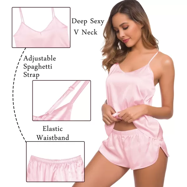 SWOMOG Womens 4pcs Pajamas Sets Silk Satin Sleepwear Sexy Cami with Button Down Short Sleeve Shirt Pjs LoungewearZsolid Color Pink