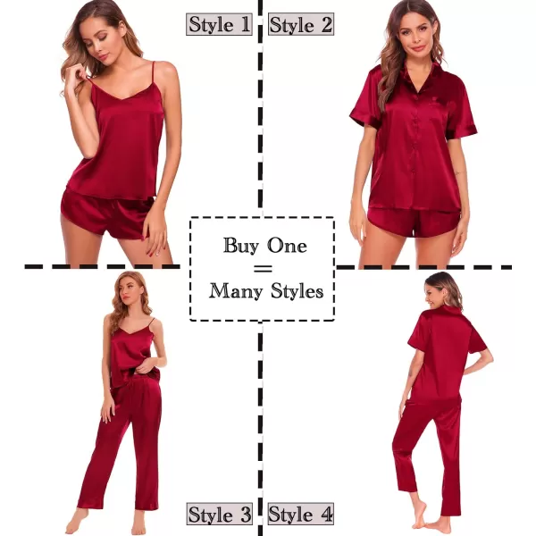 SWOMOG Womens 4pcs Pajamas Sets Silk Satin Sleepwear Sexy Cami with Button Down Short Sleeve Shirt Pjs LoungewearZsolid Color Red