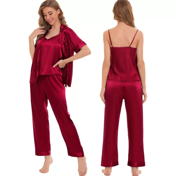 SWOMOG Womens 4pcs Pajamas Sets Silk Satin Sleepwear Sexy Cami with Button Down Short Sleeve Shirt Pjs LoungewearZsolid Color Red