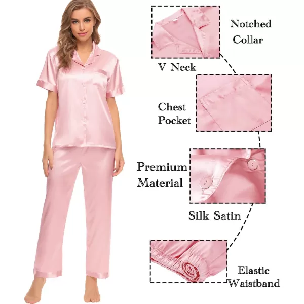 SWOMOG Womens 4pcs Pajamas Sets Silk Satin Sleepwear Sexy Cami with Button Down Short Sleeve Shirt Pjs LoungewearZsolid Color Sakurapink