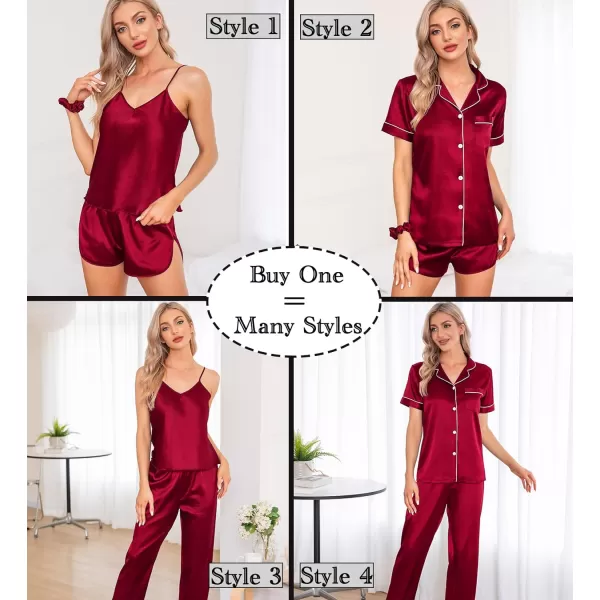 SWOMOG Womens 7pcs Silk Satin Pajamas Sets Short Sleeve Button Down Shirt Camisole Shorts Pjs Set with Eye MaskAred