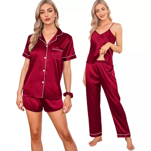 SWOMOG Womens 7pcs Silk Satin Pajamas Sets Short Sleeve Button Down Shirt Camisole Shorts Pjs Set with Eye MaskAred