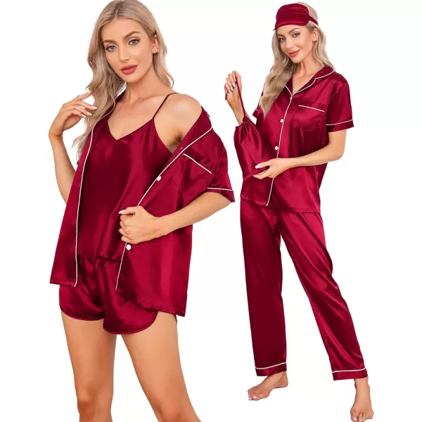 SWOMOG Womens 7pcs Silk Satin Pajamas Sets Short Sleeve Button Down Shirt Camisole Shorts Pjs Set with Eye MaskAred