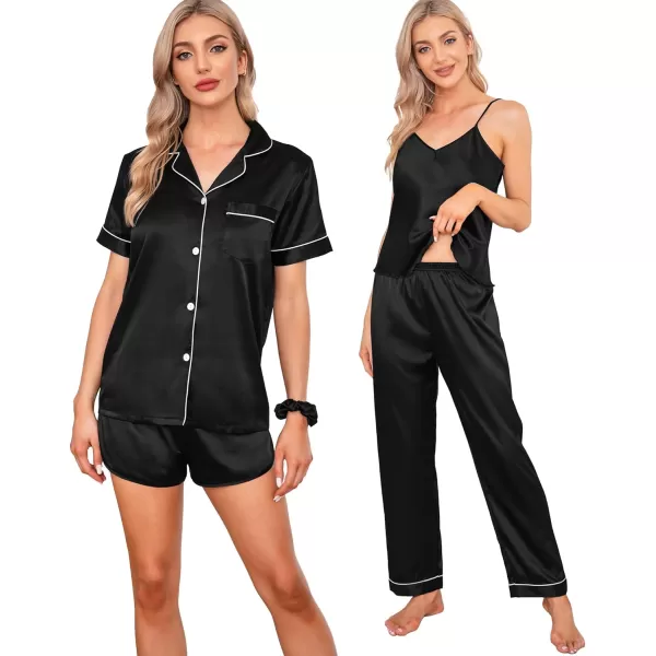 SWOMOG Womens 7pcs Silk Satin Pajamas Sets Short Sleeve Button Down Shirt Camisole Shorts Pjs Set with Eye MaskBlack