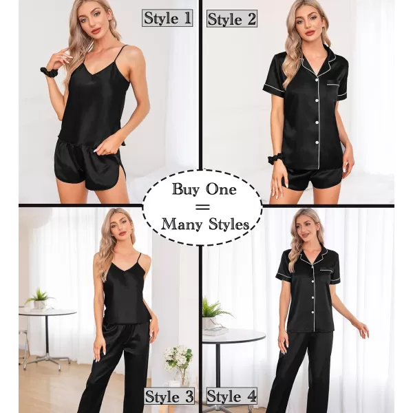 SWOMOG Womens 7pcs Silk Satin Pajamas Sets Short Sleeve Button Down Shirt Camisole Shorts Pjs Set with Eye MaskBlack