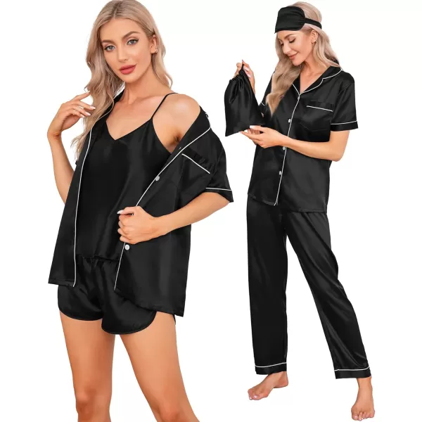 SWOMOG Womens 7pcs Silk Satin Pajamas Sets Short Sleeve Button Down Shirt Camisole Shorts Pjs Set with Eye MaskBlack