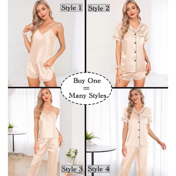 SWOMOG Womens 7pcs Silk Satin Pajamas Sets Short Sleeve Button Down Shirt Camisole Shorts Pjs Set with Eye MaskChampagne