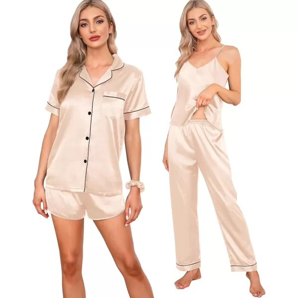 SWOMOG Womens 7pcs Silk Satin Pajamas Sets Short Sleeve Button Down Shirt Camisole Shorts Pjs Set with Eye MaskChampagne