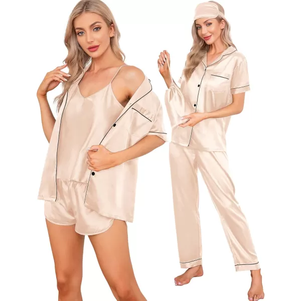 SWOMOG Womens 7pcs Silk Satin Pajamas Sets Short Sleeve Button Down Shirt Camisole Shorts Pjs Set with Eye MaskChampagne