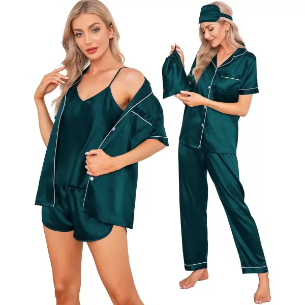 SWOMOG Womens 7pcs Silk Satin Pajamas Sets Short Sleeve Button Down Shirt Camisole Shorts Pjs Set with Eye MaskDeep Green