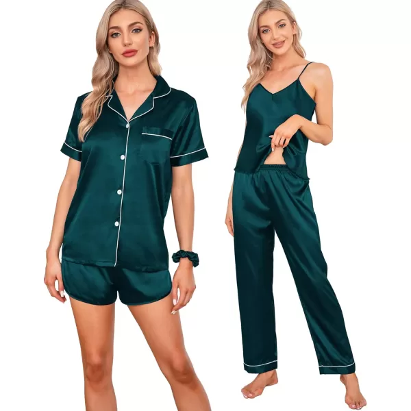 SWOMOG Womens 7pcs Silk Satin Pajamas Sets Short Sleeve Button Down Shirt Camisole Shorts Pjs Set with Eye MaskDeep Green