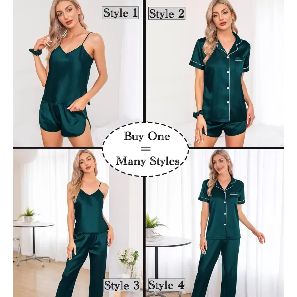 SWOMOG Womens 7pcs Silk Satin Pajamas Sets Short Sleeve Button Down Shirt Camisole Shorts Pjs Set with Eye MaskDeep Green