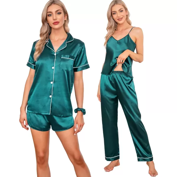 SWOMOG Womens 7pcs Silk Satin Pajamas Sets Short Sleeve Button Down Shirt Camisole Shorts Pjs Set with Eye MaskGreen