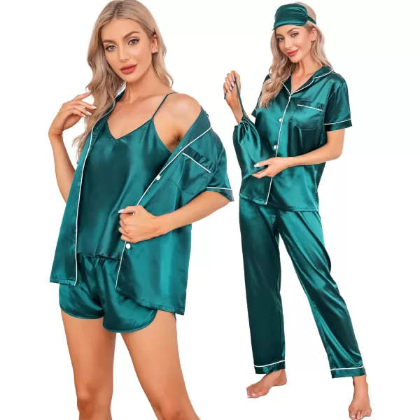 SWOMOG Womens 7pcs Silk Satin Pajamas Sets Short Sleeve Button Down Shirt Camisole Shorts Pjs Set with Eye MaskGreen