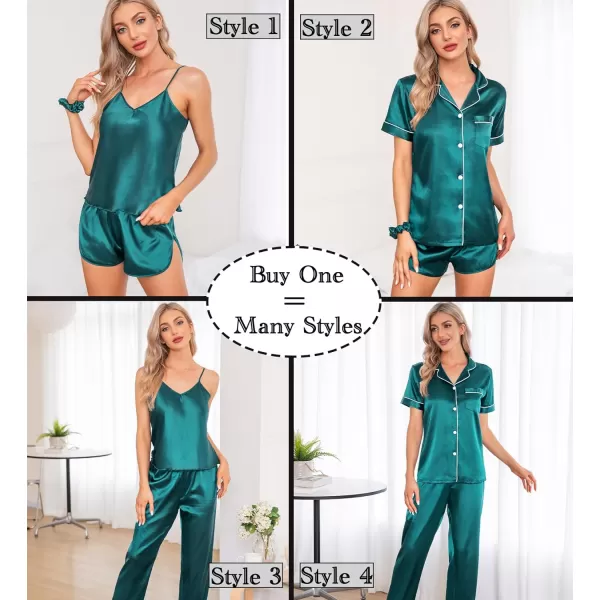 SWOMOG Womens 7pcs Silk Satin Pajamas Sets Short Sleeve Button Down Shirt Camisole Shorts Pjs Set with Eye MaskGreen