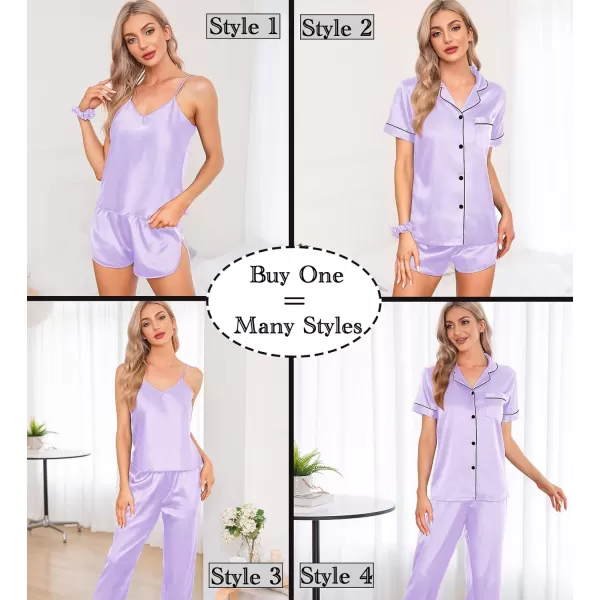 SWOMOG Womens 7pcs Silk Satin Pajamas Sets Short Sleeve Button Down Shirt Camisole Shorts Pjs Set with Eye MaskLavender