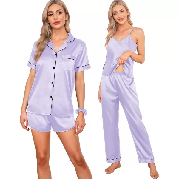 SWOMOG Womens 7pcs Silk Satin Pajamas Sets Short Sleeve Button Down Shirt Camisole Shorts Pjs Set with Eye MaskLavender