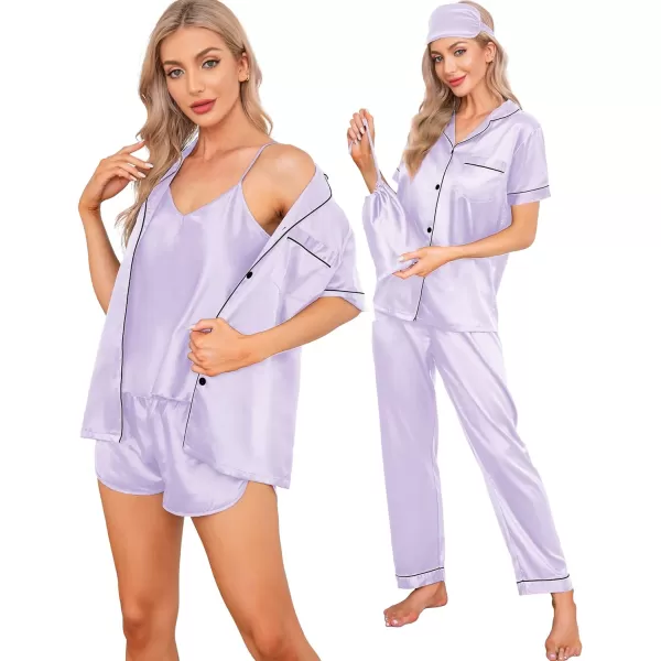 SWOMOG Womens 7pcs Silk Satin Pajamas Sets Short Sleeve Button Down Shirt Camisole Shorts Pjs Set with Eye MaskLavender