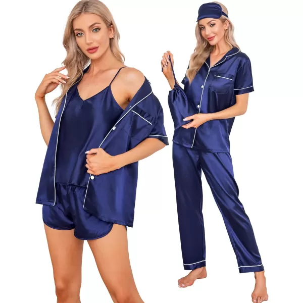 SWOMOG Womens 7pcs Silk Satin Pajamas Sets Short Sleeve Button Down Shirt Camisole Shorts Pjs Set with Eye MaskNavy Blue