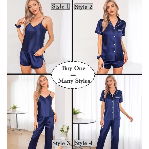 SWOMOG Womens 7pcs Silk Satin Pajamas Sets Short Sleeve Button Down Shirt Camisole Shorts Pjs Set with Eye MaskNavy Blue