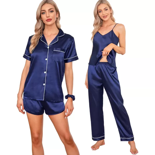 SWOMOG Womens 7pcs Silk Satin Pajamas Sets Short Sleeve Button Down Shirt Camisole Shorts Pjs Set with Eye MaskNavy Blue