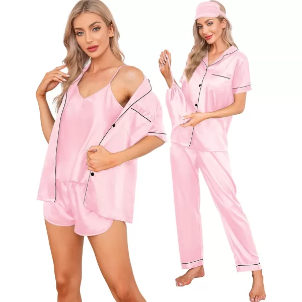 SWOMOG Womens 7pcs Silk Satin Pajamas Sets Short Sleeve Button Down Shirt Camisole Shorts Pjs Set with Eye MaskPink