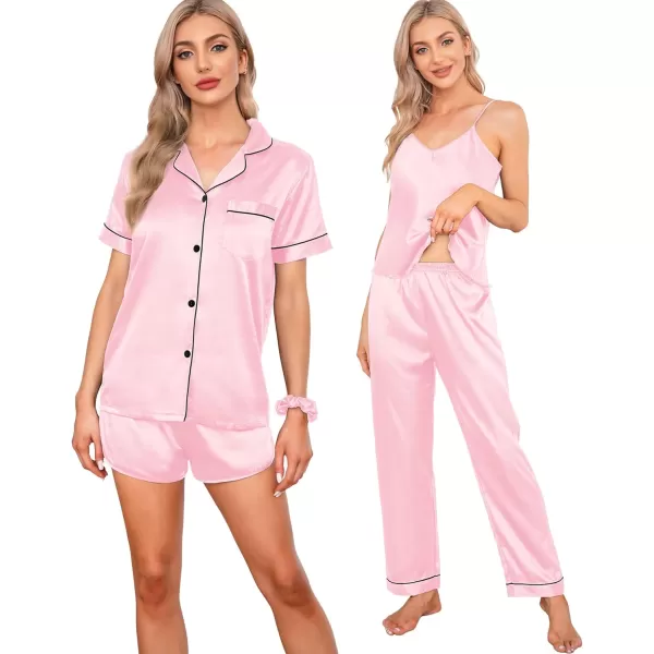 SWOMOG Womens 7pcs Silk Satin Pajamas Sets Short Sleeve Button Down Shirt Camisole Shorts Pjs Set with Eye MaskPink