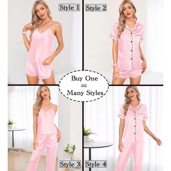 SWOMOG Womens 7pcs Silk Satin Pajamas Sets Short Sleeve Button Down Shirt Camisole Shorts Pjs Set with Eye MaskPink