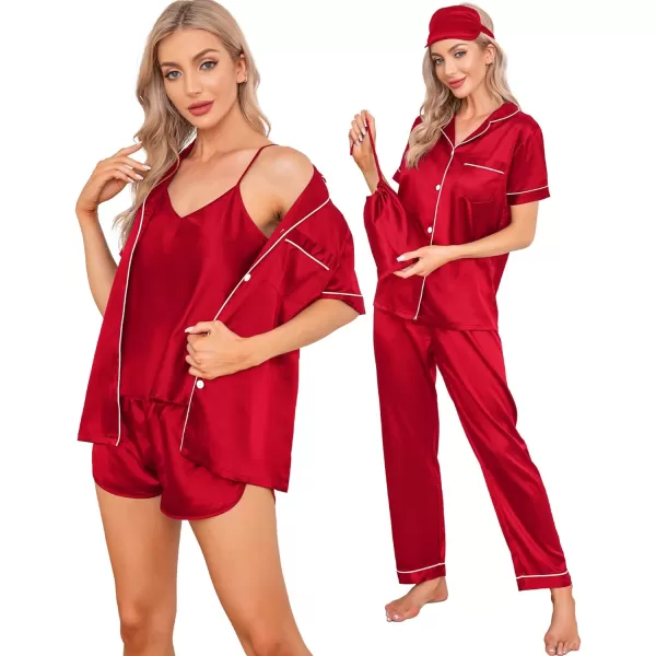 SWOMOG Womens 7pcs Silk Satin Pajamas Sets Short Sleeve Button Down Shirt Camisole Shorts Pjs Set with Eye MaskStyle2red1