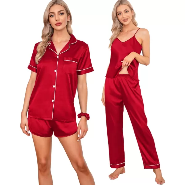 SWOMOG Womens 7pcs Silk Satin Pajamas Sets Short Sleeve Button Down Shirt Camisole Shorts Pjs Set with Eye MaskStyle2red1