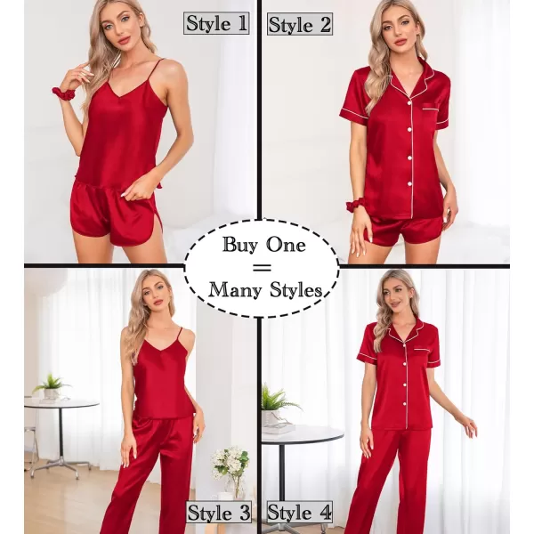 SWOMOG Womens 7pcs Silk Satin Pajamas Sets Short Sleeve Button Down Shirt Camisole Shorts Pjs Set with Eye MaskStyle2red1