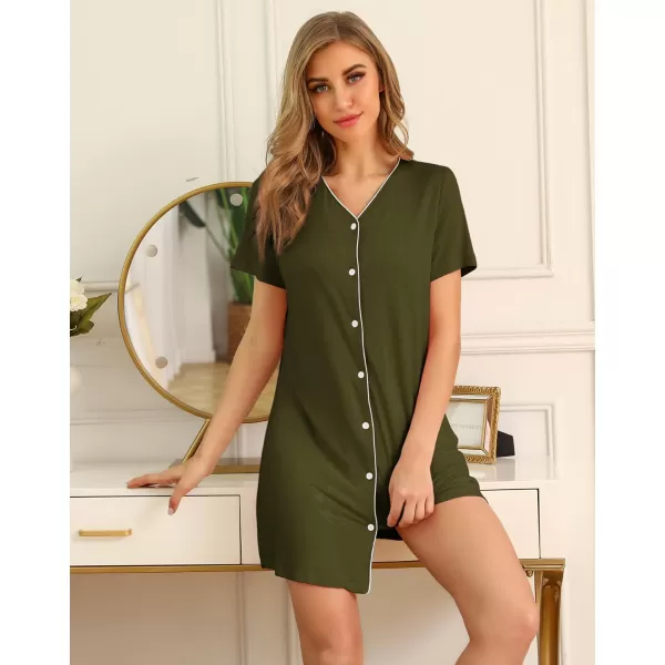 SWOMOG Womens Button Down Nightgown Short Sleeve Nightshirt VNeck Sleepwear Boyfriend Sleepshirt Pajama DressArmy Green