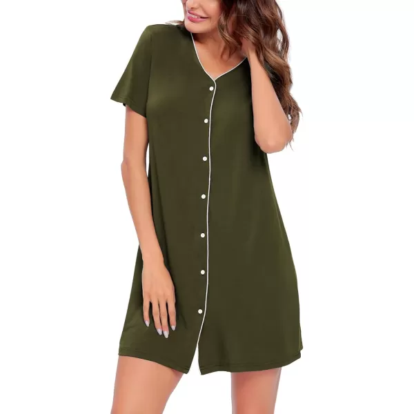 SWOMOG Womens Button Down Nightgown Short Sleeve Nightshirt VNeck Sleepwear Boyfriend Sleepshirt Pajama DressArmy Green